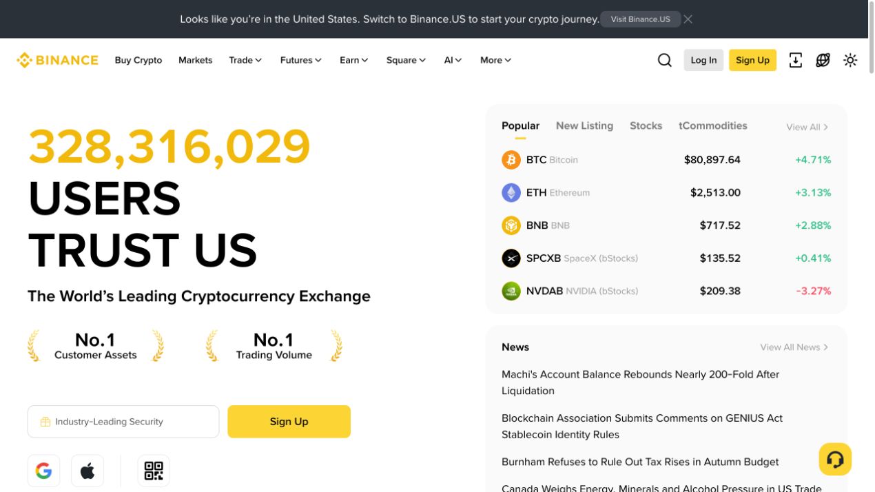 Binance 官方首页的品牌名称、域名和顶部导航截图