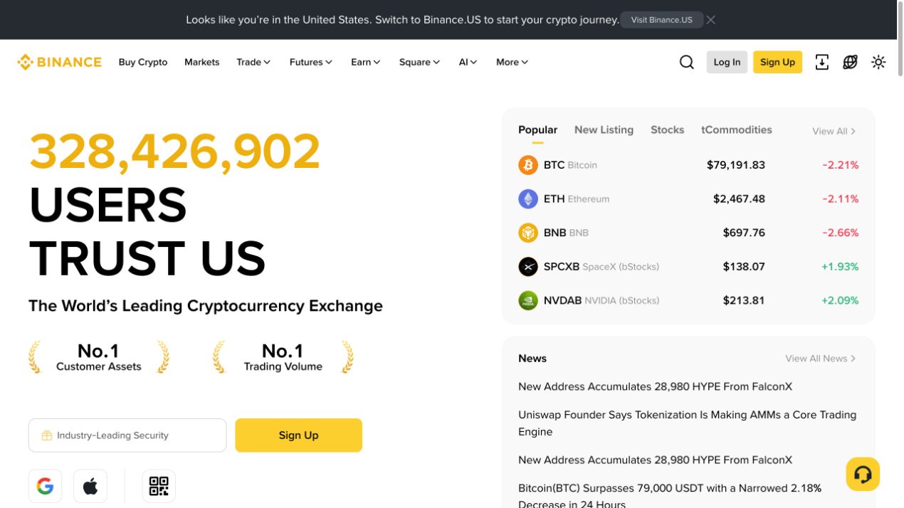 Binance 英文官网首页,展示国际页面导航、登录入口和公开市场区域