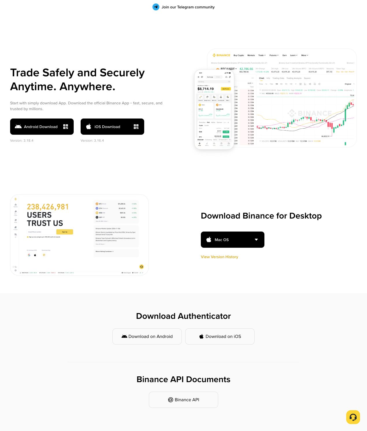 Binance 官方 Download 页面,展示 iOS Download 入口和桌面端下载区域