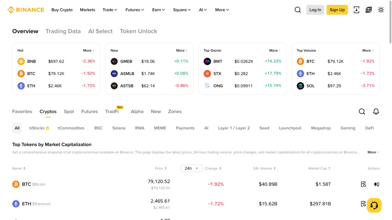 Binance Markets 官方行情页面展示产品导航与市场数据区域的真实截图
