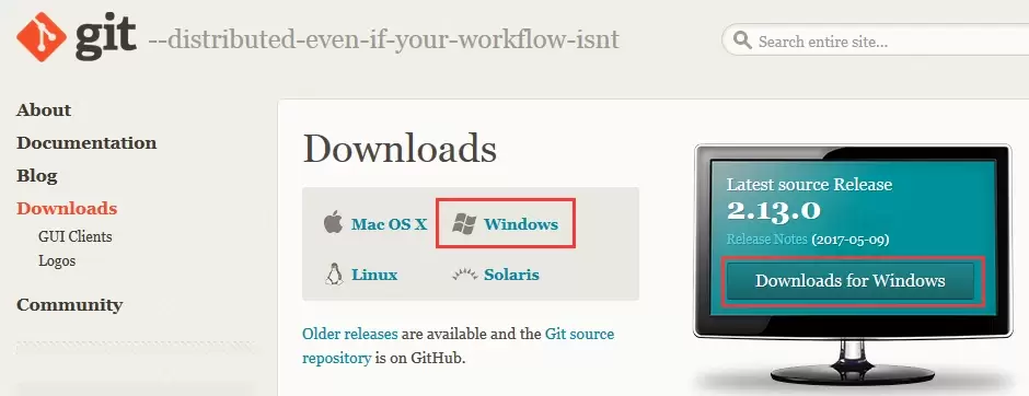 Git官网Downloads页面显示Windows版本下载入口