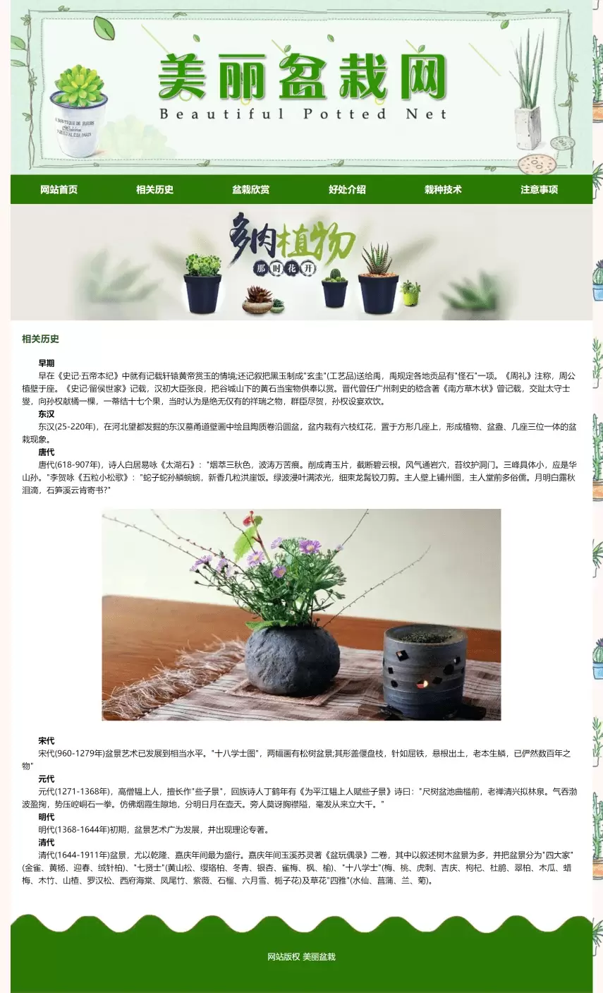 盆栽主题网页详情内容区展示植物图片和文字介绍模块