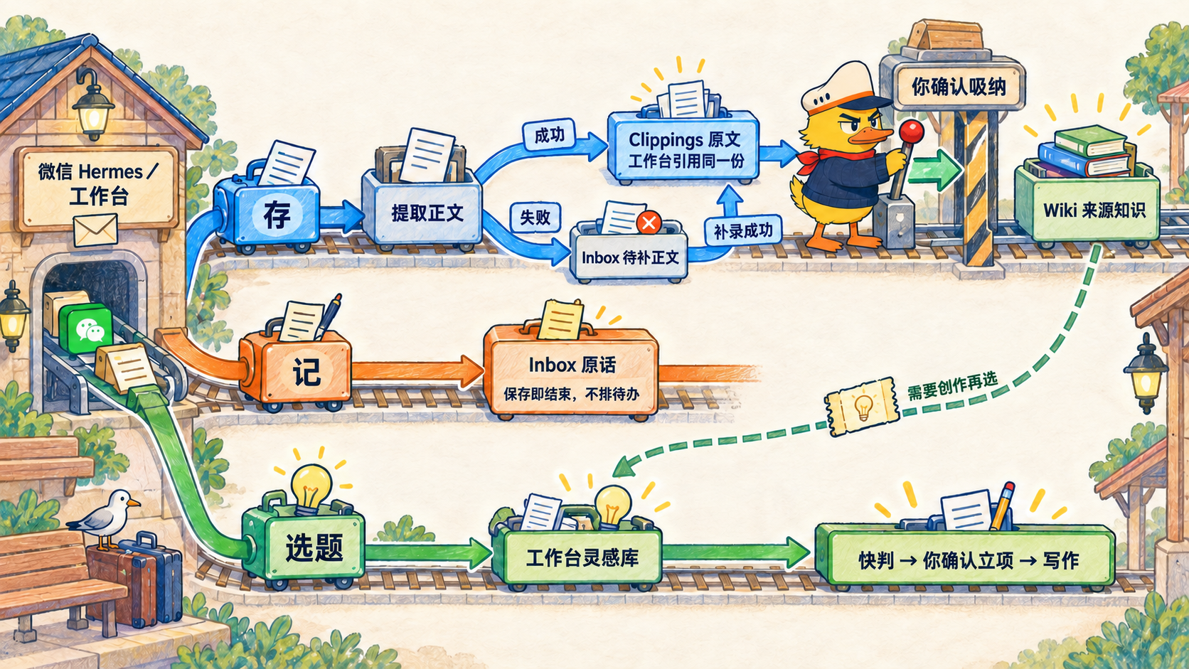 同一个 Hermes 入口,将文章、随记和灵感分流,再由人确认哪些内容进入知识库与创作