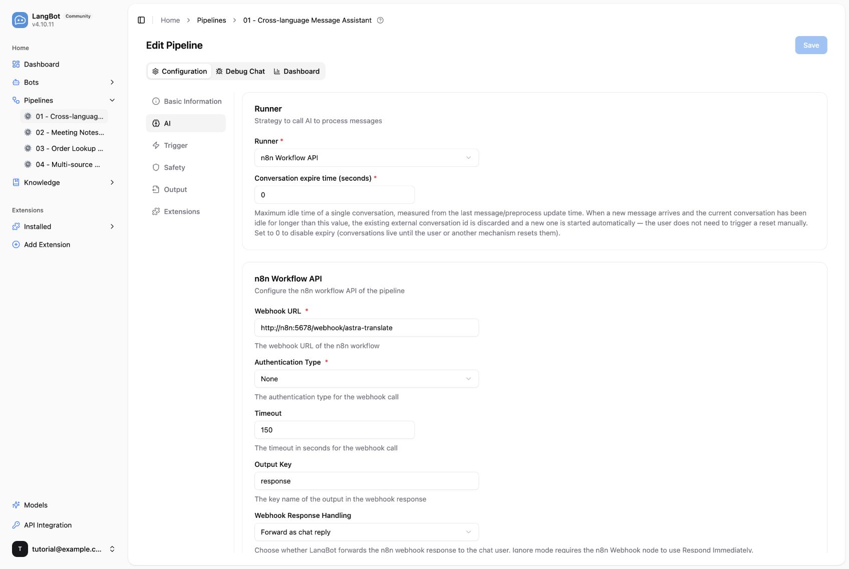 LangBot 中的 n8n Runner 设置；按本案例替换 Webhook 路径