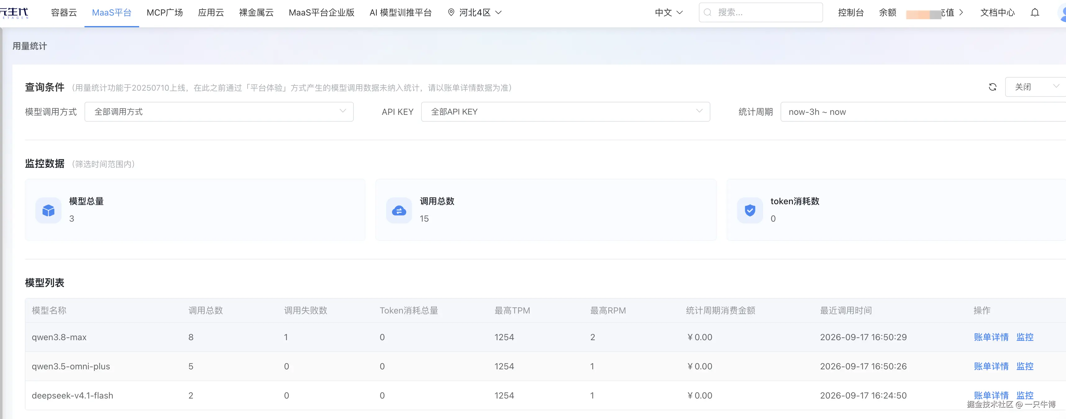 控制台用量统计按模型拆分,三个模型共用同一份凭证