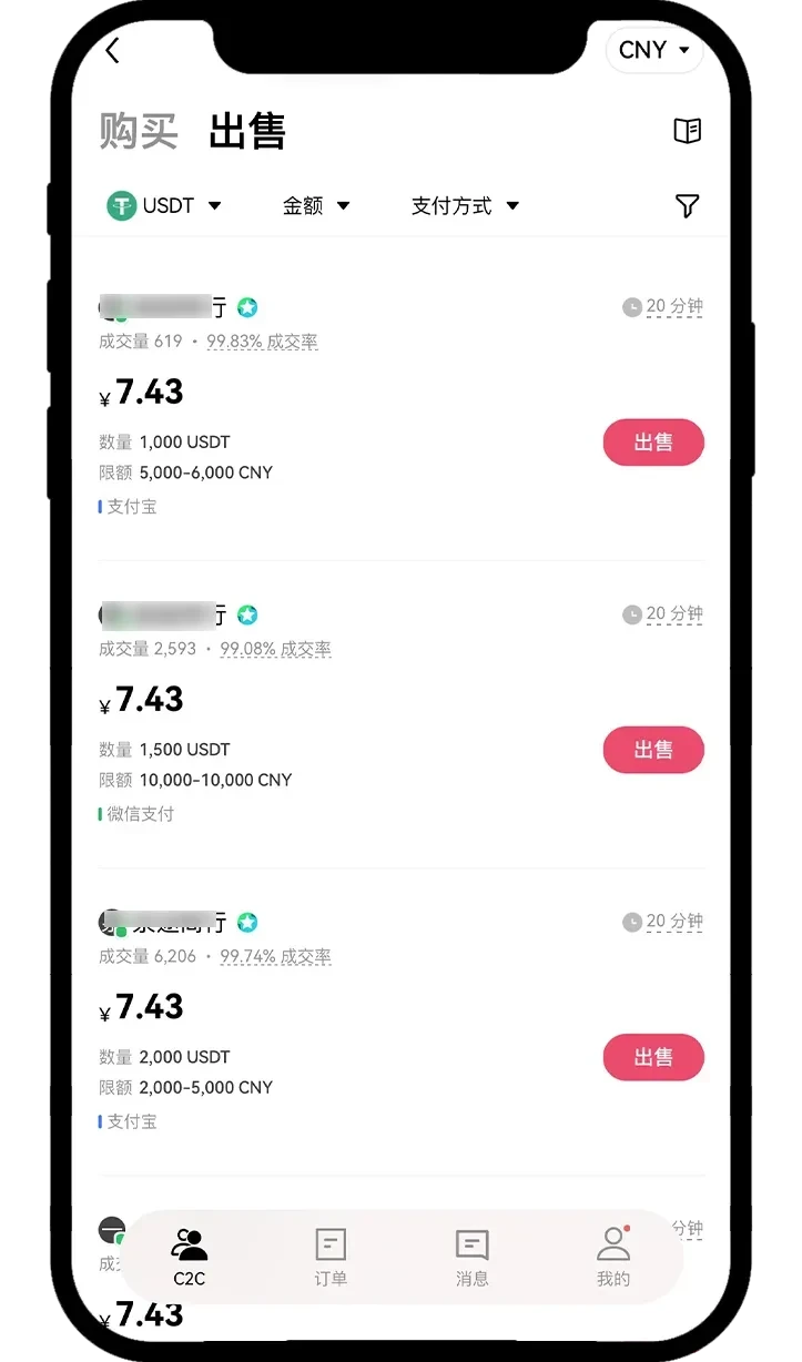 欧易 C2C 出售列表与底部订单入口