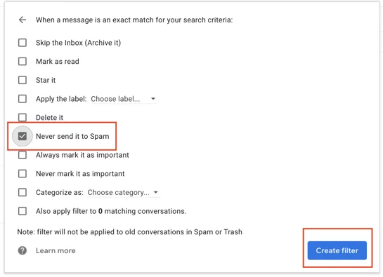 Gmail不送入垃圾邮件的处理选项