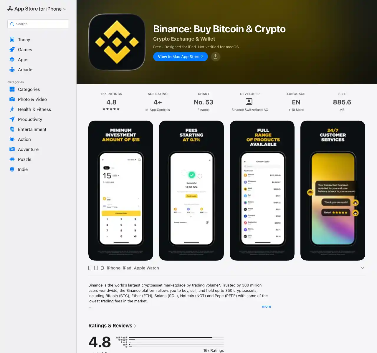 Binance iPhone App Store 页面与开发者信息核对示意图